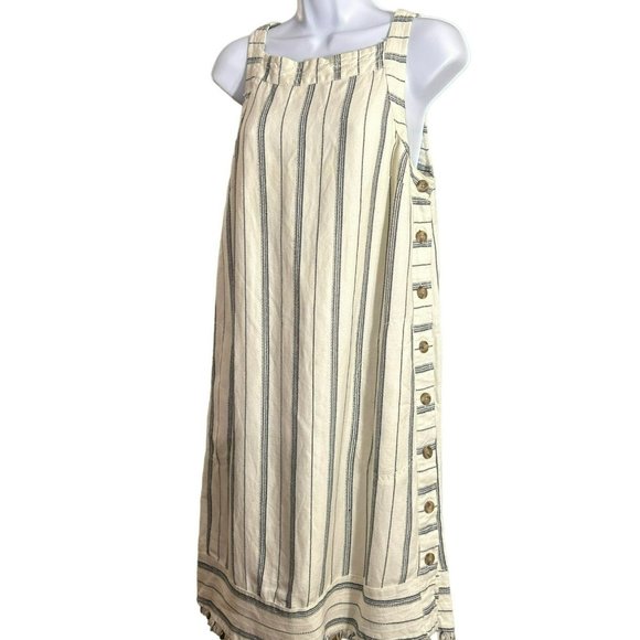 Akemi and Kin Anthropologie Women's Cream Navy Side Button Dress 6 Frayed Hem - Picture 2 of 5